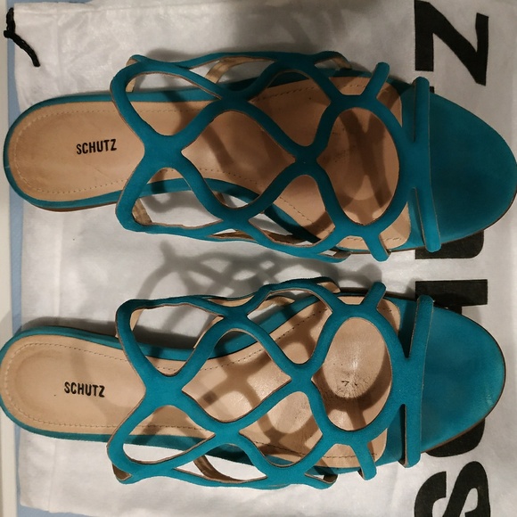 Schutz Nuray Suede Slide in Turquoise - Picture 6 of 8